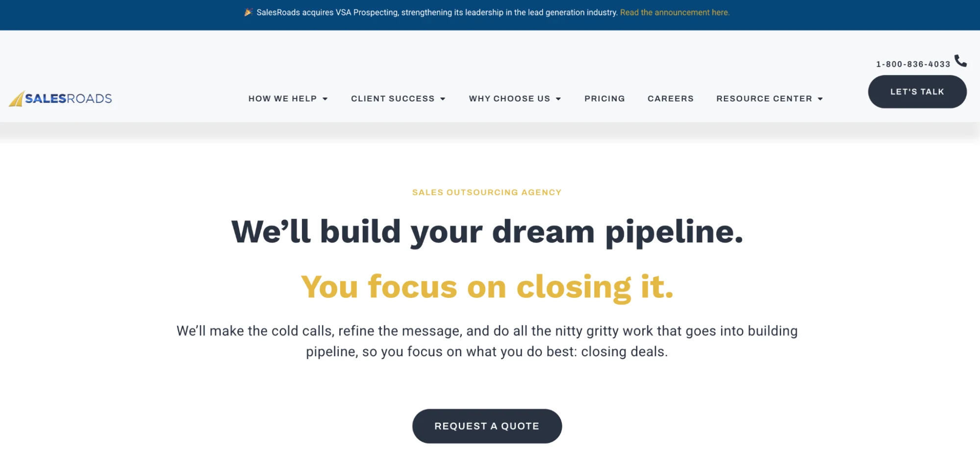 SalesRoads homepage: custom-built outsourced SDR teams for B2B pipeline