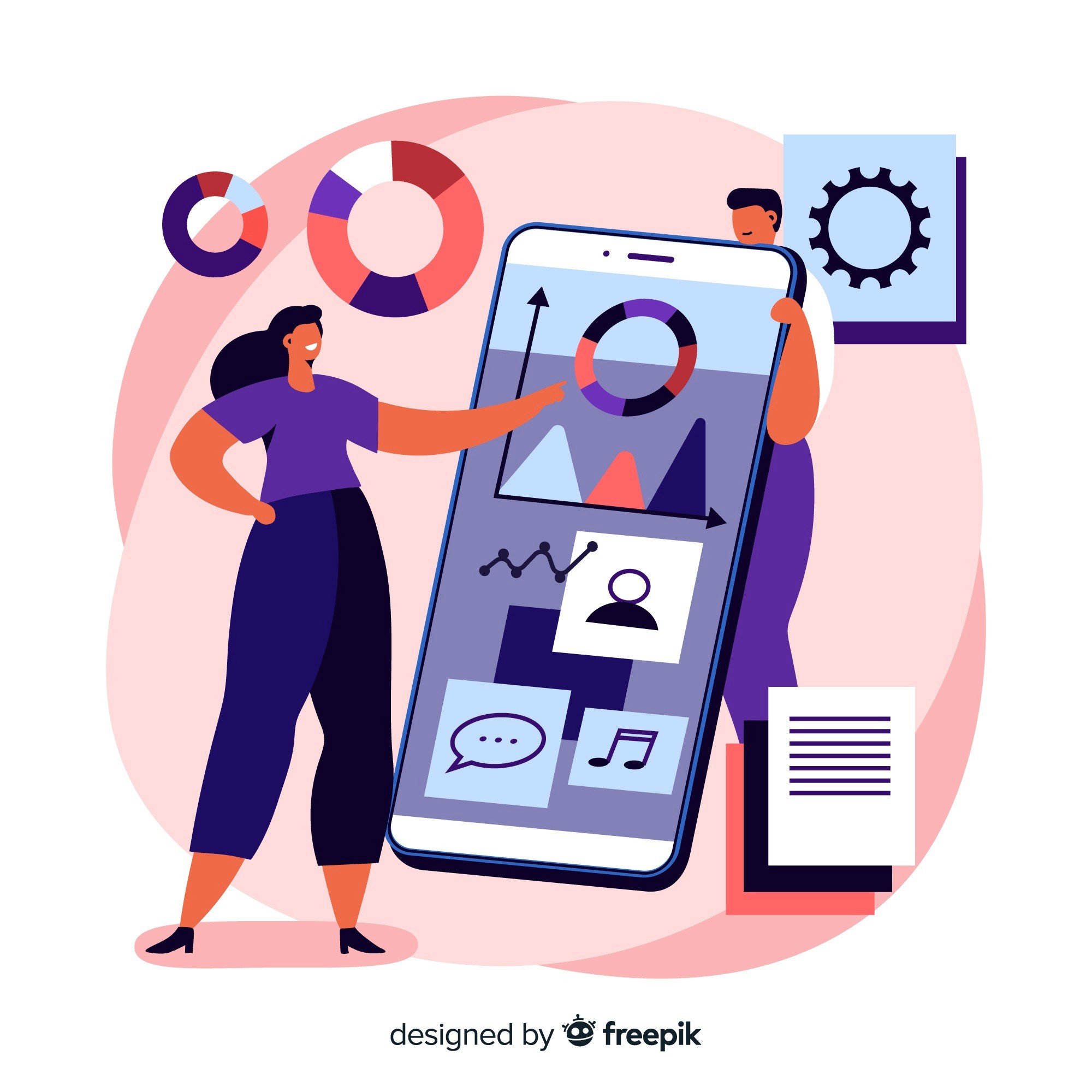 Illustration of two people analyzing charts and performance data on a large smartphone screen with pie charts and graphs.