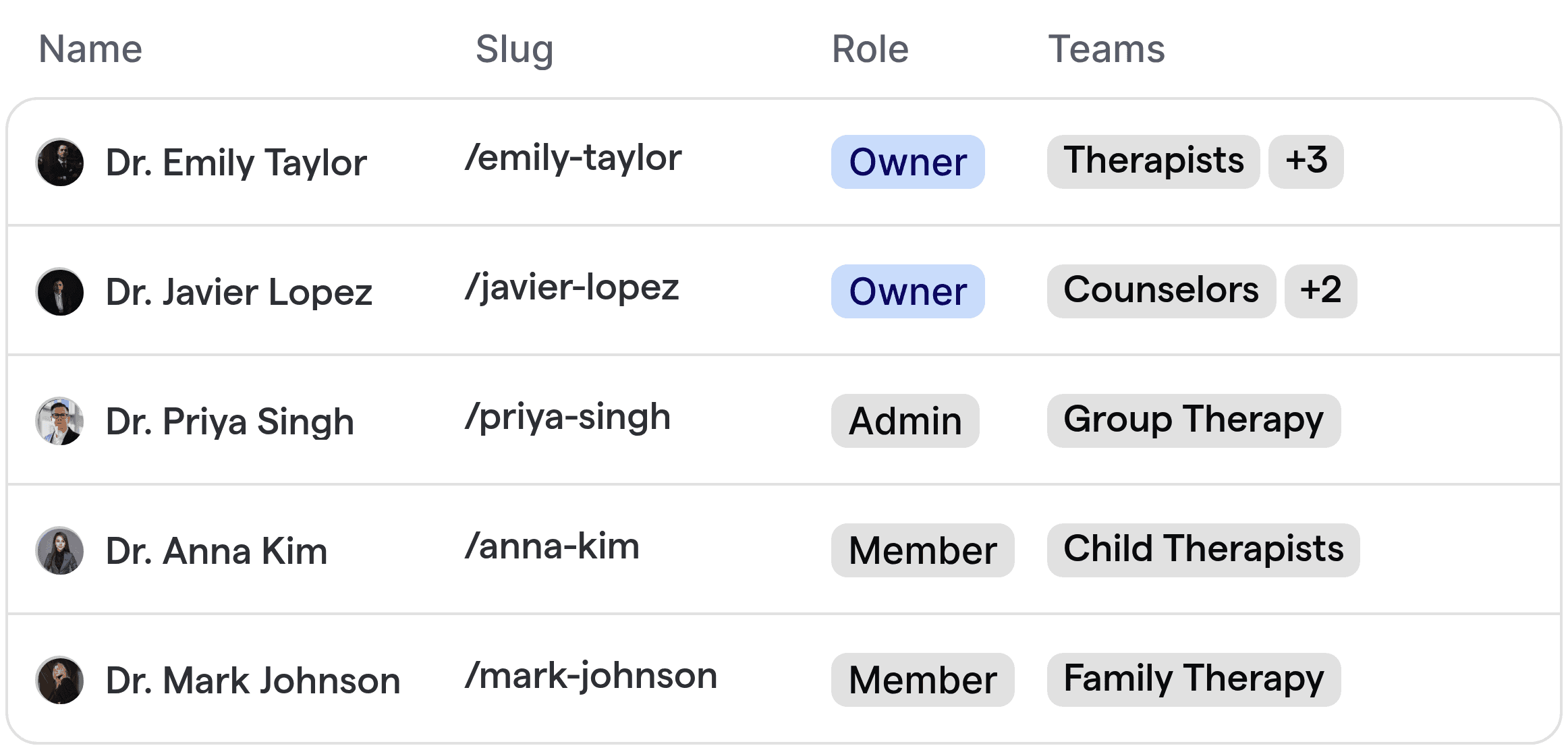 Automated routing interface displaying mental health team members, with specialties such as therapists, counselors, and group therapy.