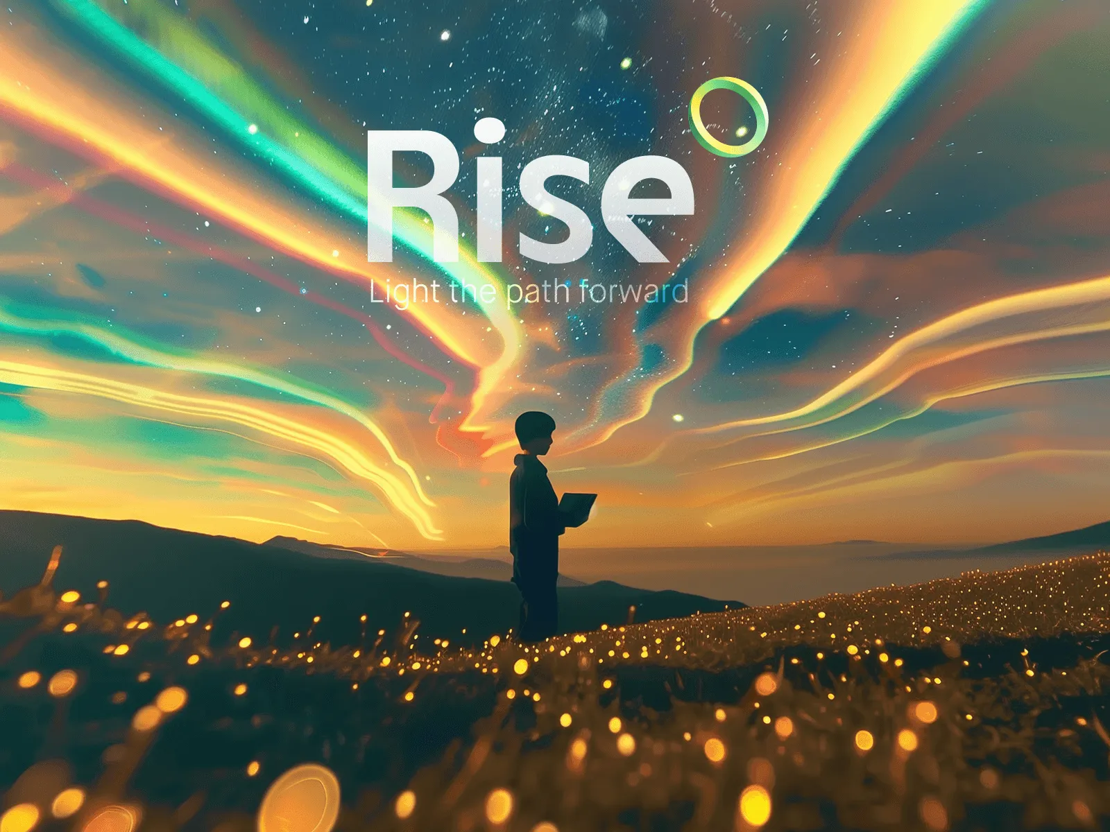 A silhouette of a person stands in a field under colorful, swirling lights with the word "Rise" prominently displayed.