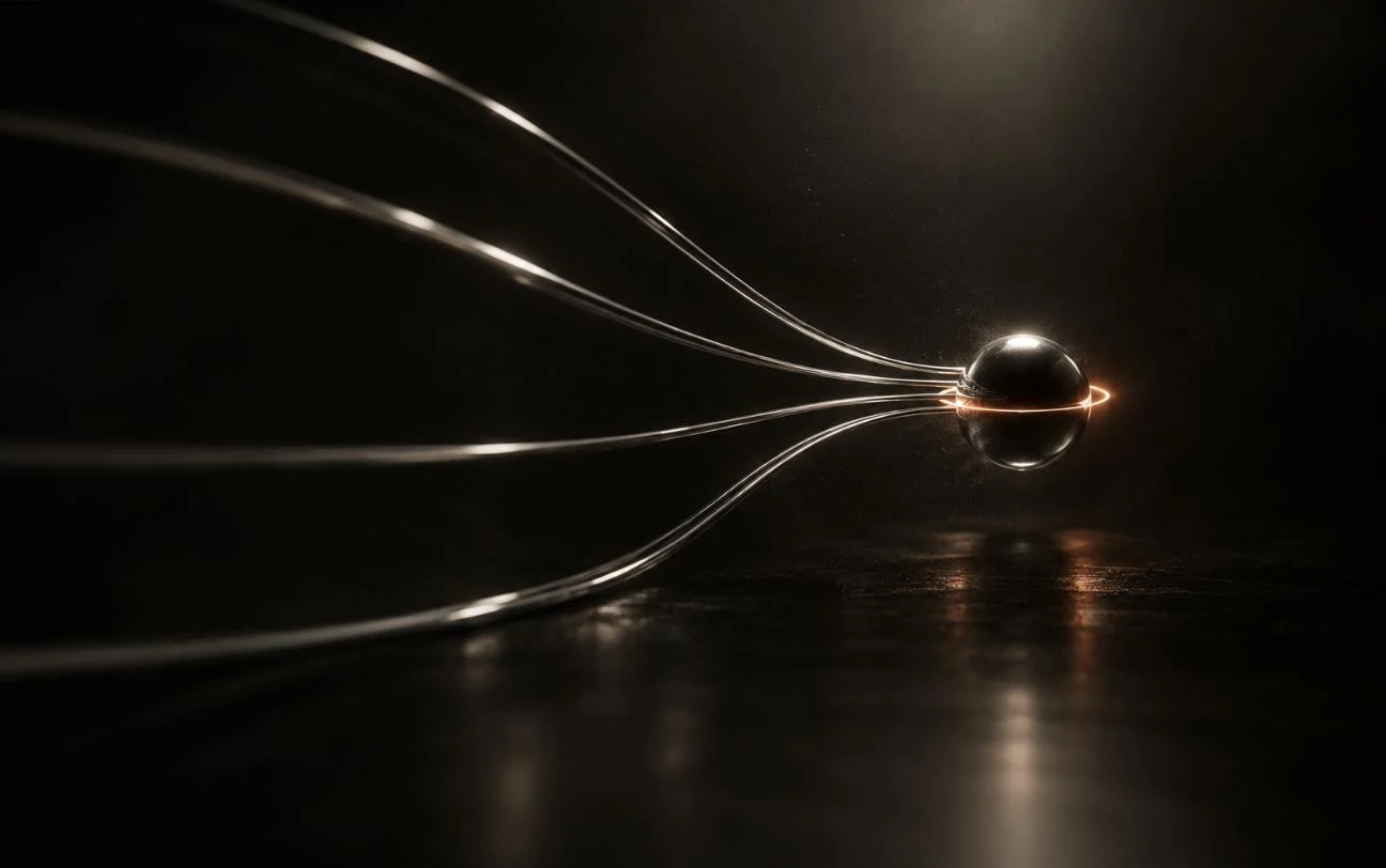 Chrome threads converging into a dark sphere with an ember ring