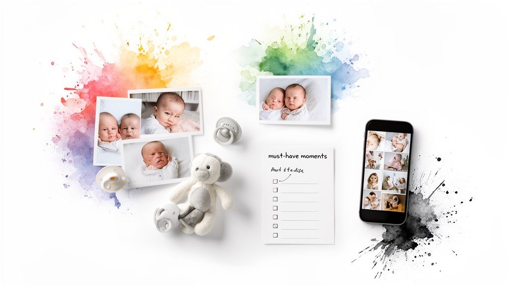 A colorful collection of baby photos, pacifiers, a toy, and a phone displaying more memories.