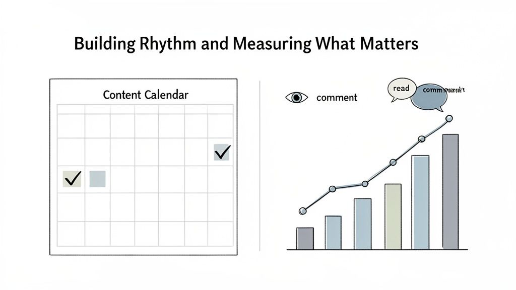 A content calendar showing publishing rhythm next to a growth chart measuring content engagement.