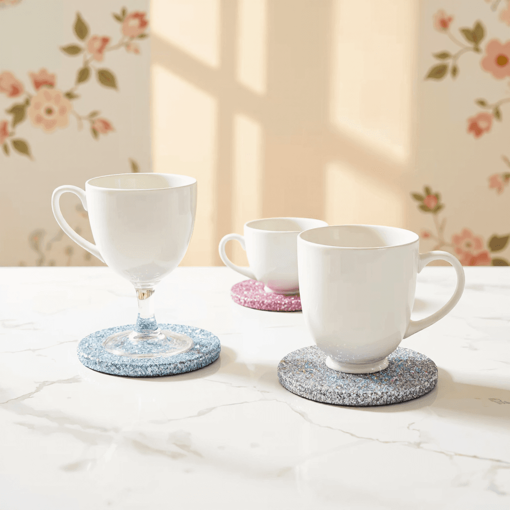 product photography of decorative glitter coasters