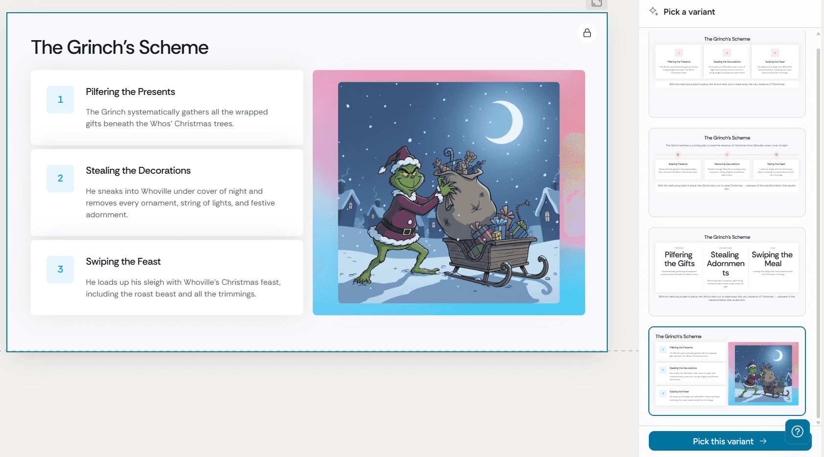 Unlike Gemini, Alai allows you to preview and pick from 4 variations for each slide