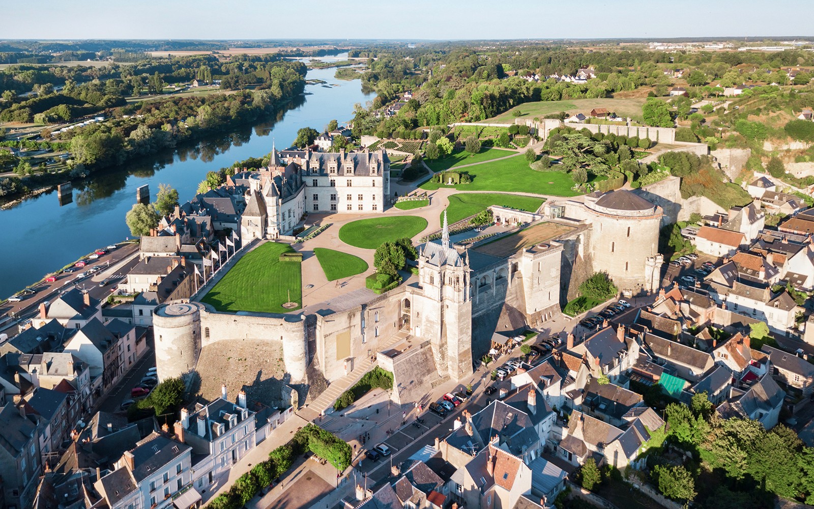 Aerial view of Royal Amboise Castle and surrounding gardens in Amboise, France.