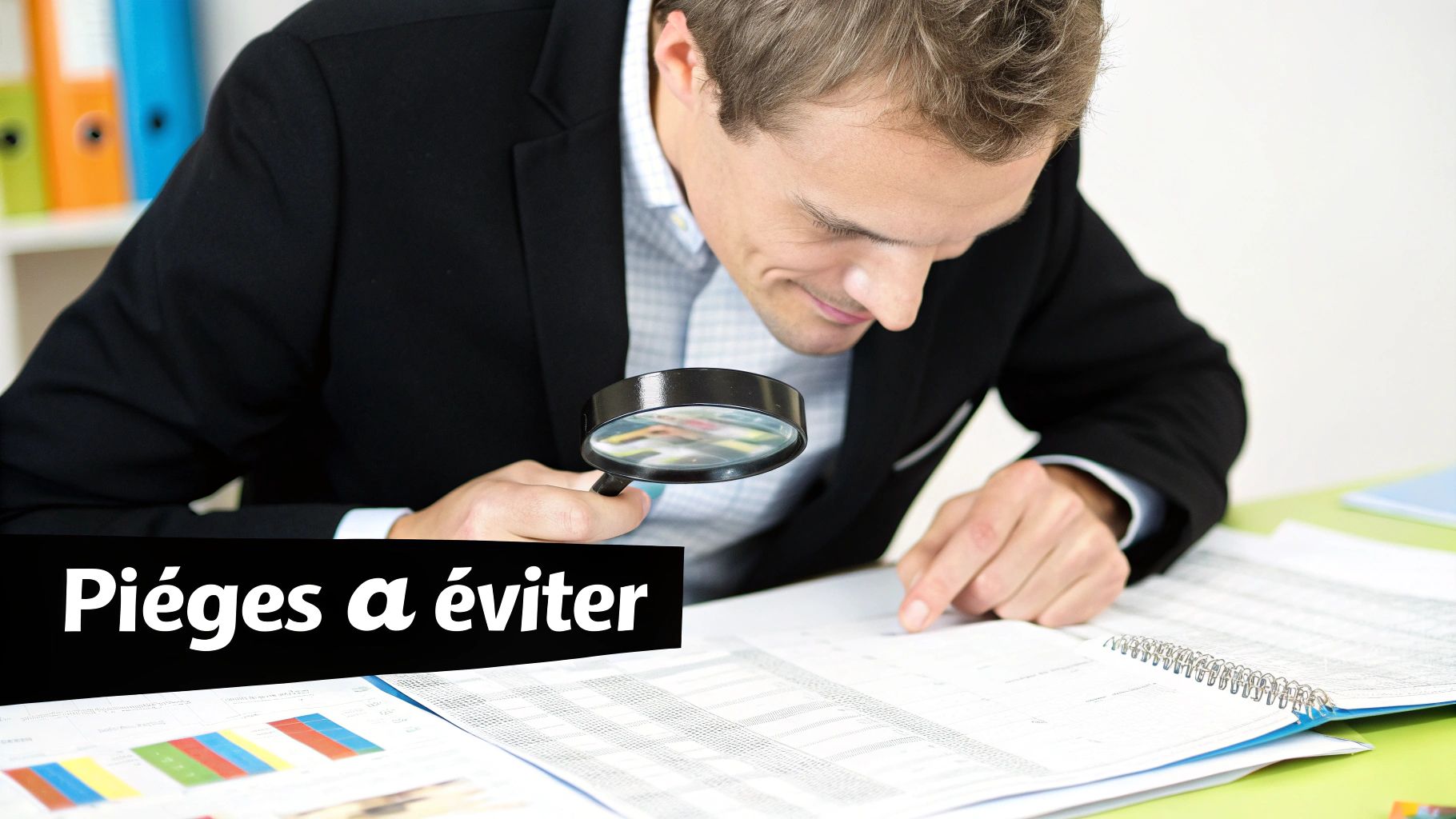 Un homme d'affaires examine des documents financiers avec une loupe, le texte