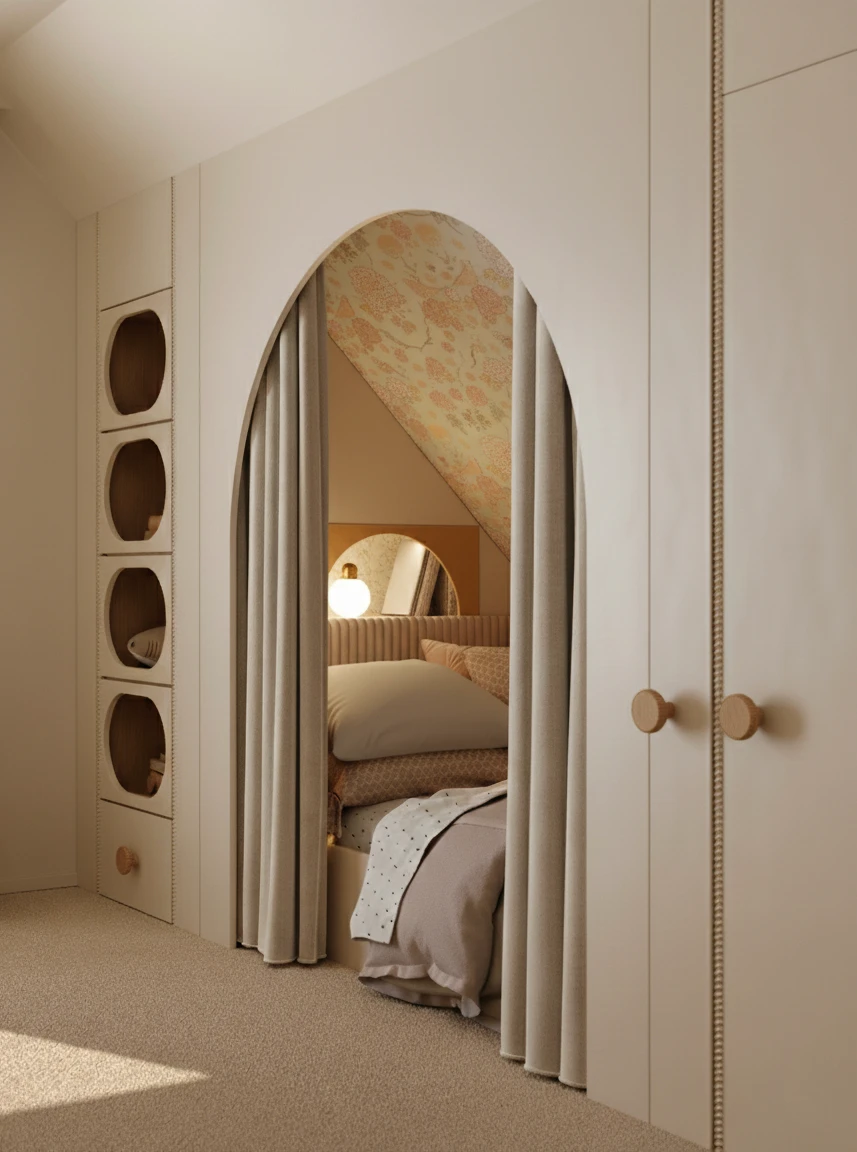 Projekt pokoju dziecięcego – łukowata nisza z zabudową MDF, łóżeczko i delikatna tapeta