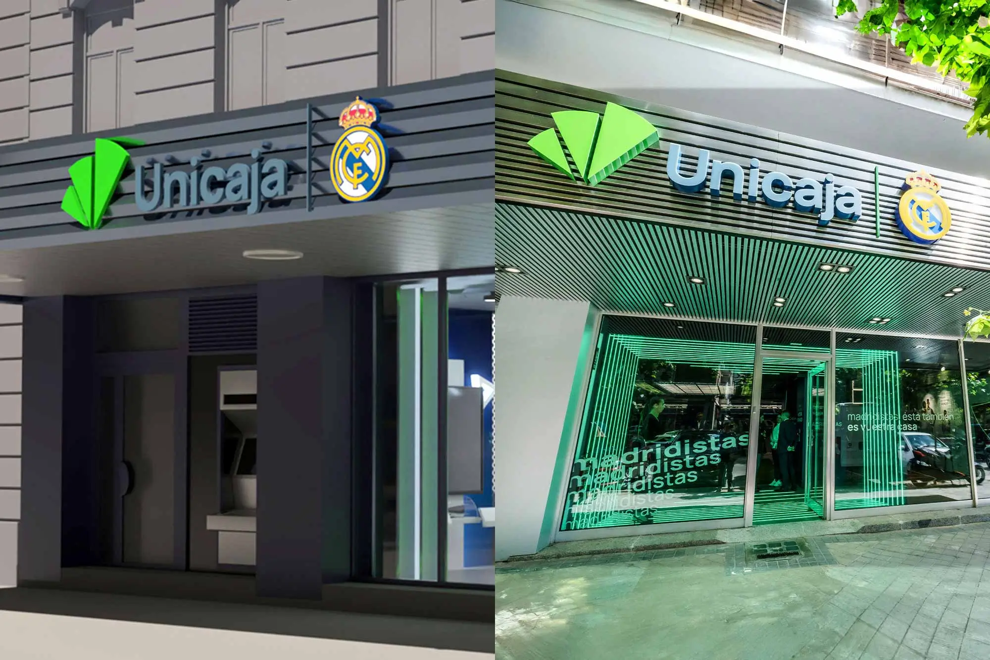 Sucursal de Unicaja y Real Madrid CF, diseño moderno, fachada exterior en ciudad.