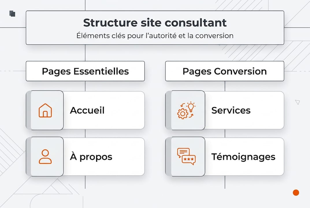 Infographie présentant l’architecture d’un site de consultant et ses éléments clés