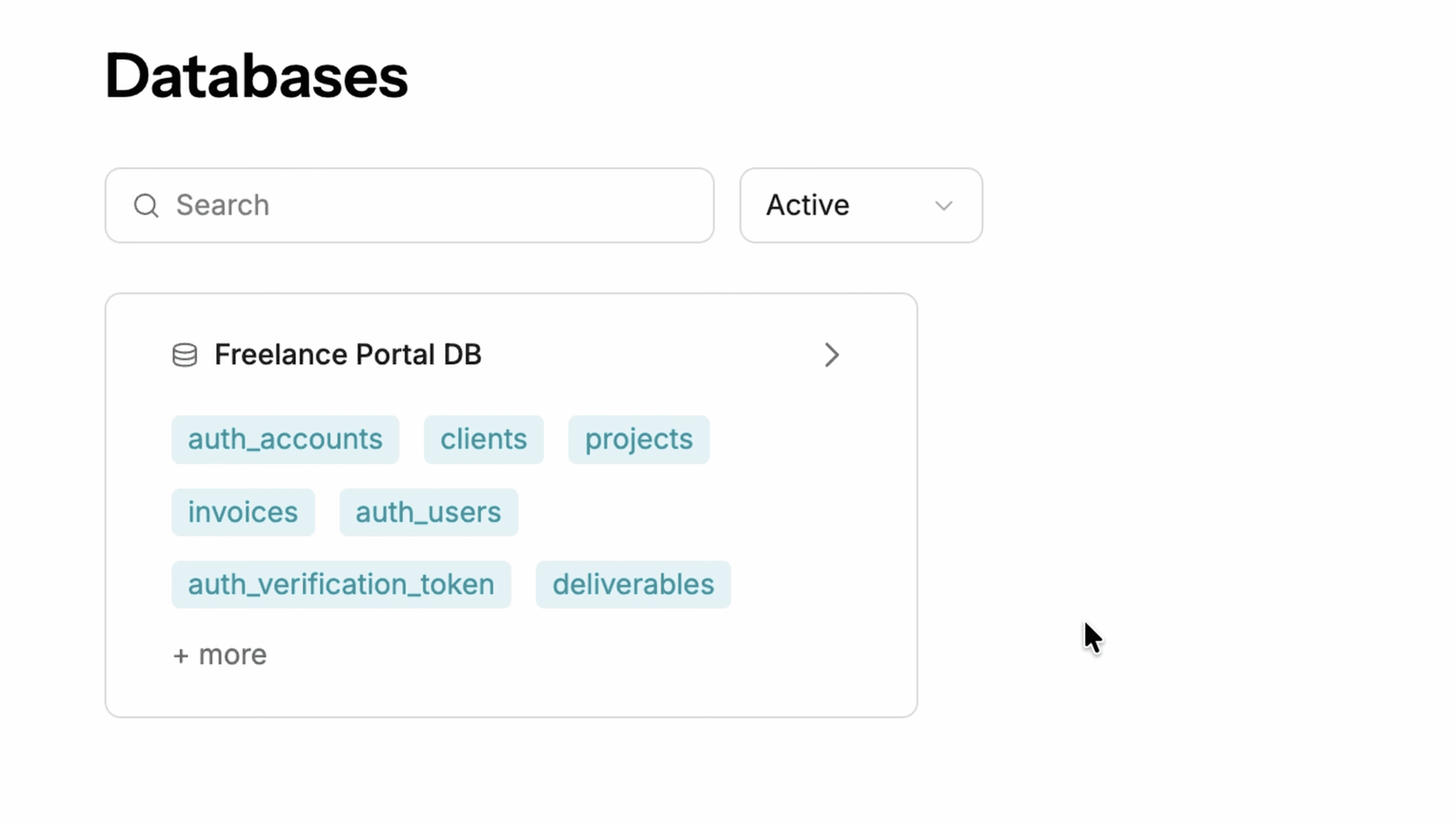 Auto-generated database schema in Anything showing tables for users, clients, projects, and invoices