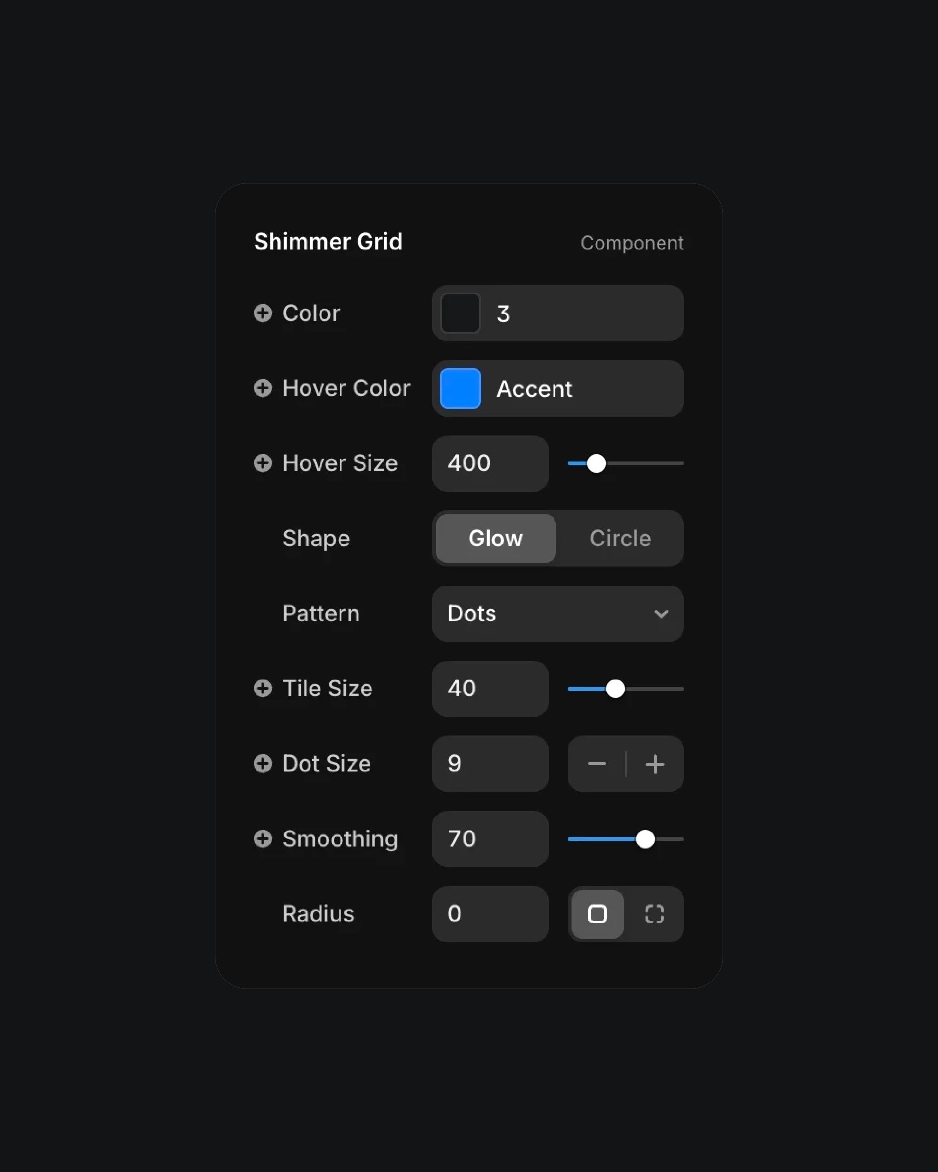 Settings panel for 'Shimmer Grid' component with options for color, hover color, size, and pattern on a dark user interface background