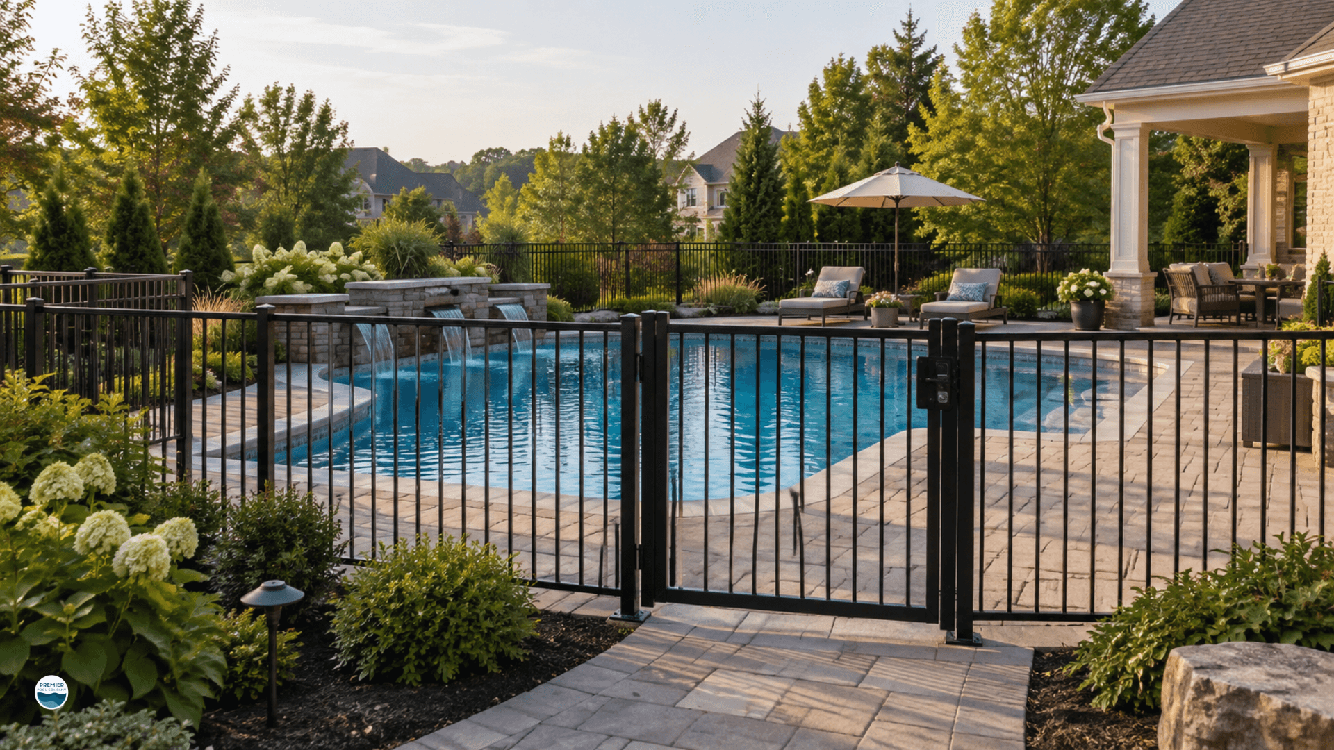 Pool safety regulations in Ohio with a secure swimming pool fence and self-closing backyard pool gate.