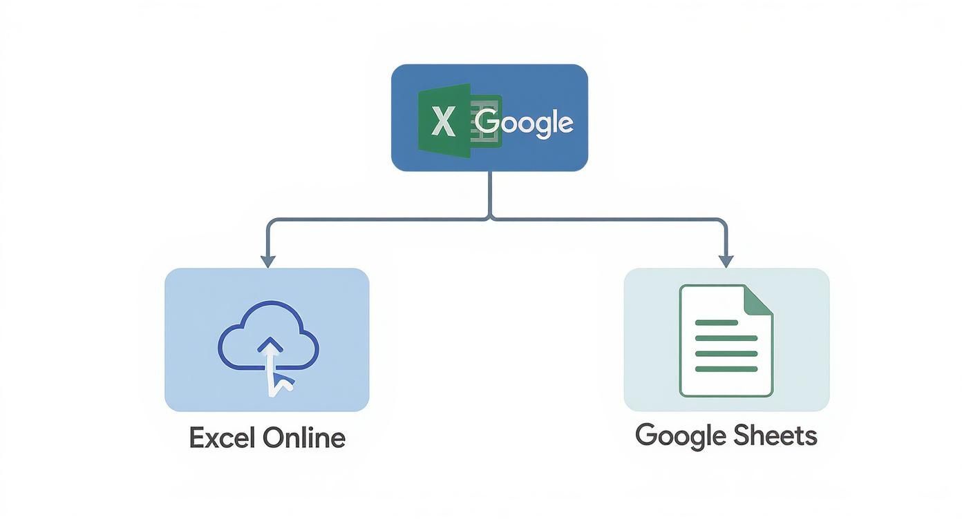 Diagram showing an Excel file integrated with Google being saved to Excel Online or Google Sheets.