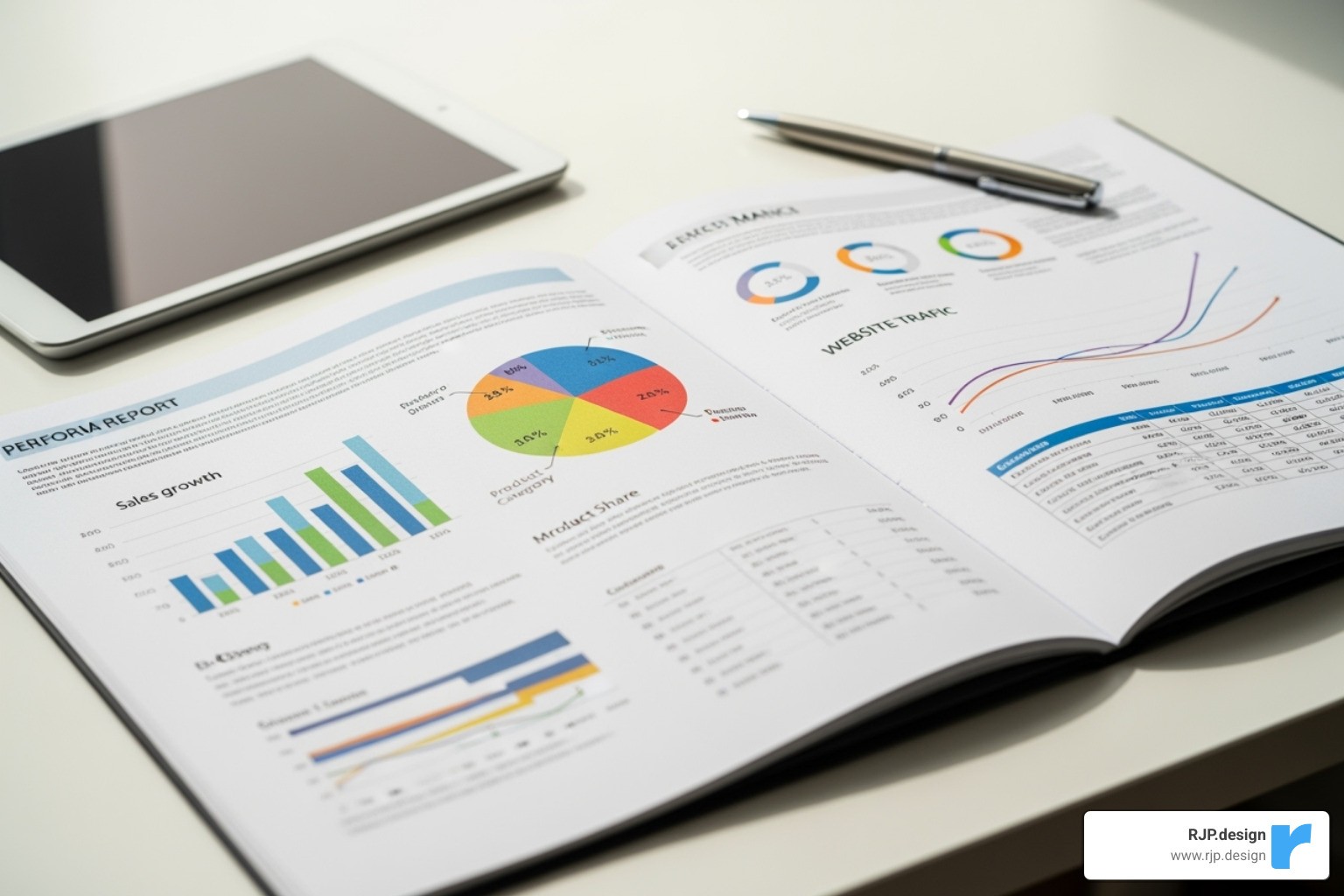 Image of a report with graphs and charts showing SEO performance metrics; Prioritization; Implementation; Strategy development; SEO Ranking Improvement - Local SEO audits