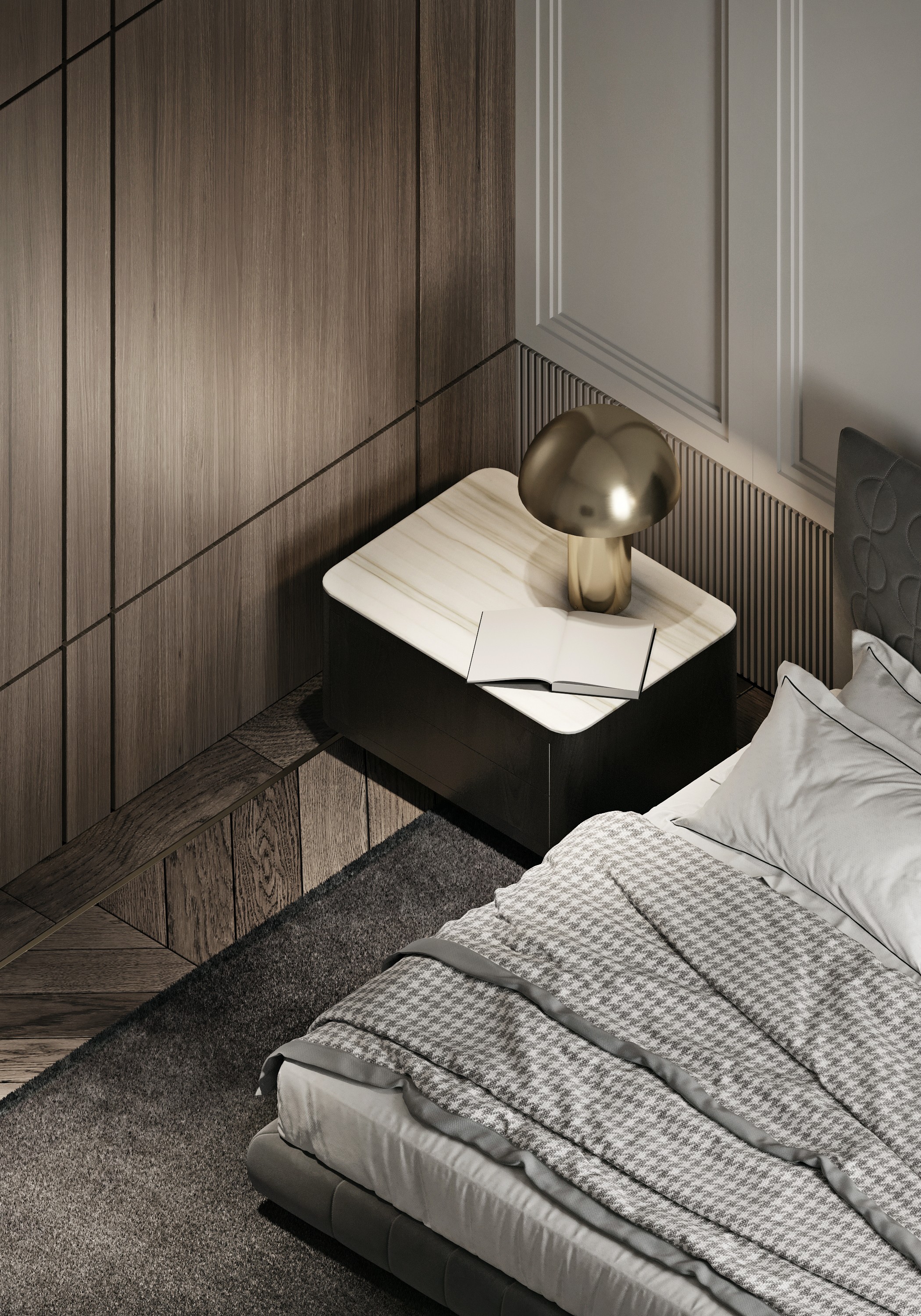 Restaurant interior with wooden tables and chairs lined against a textured wall, softly lit by round wall lamps.