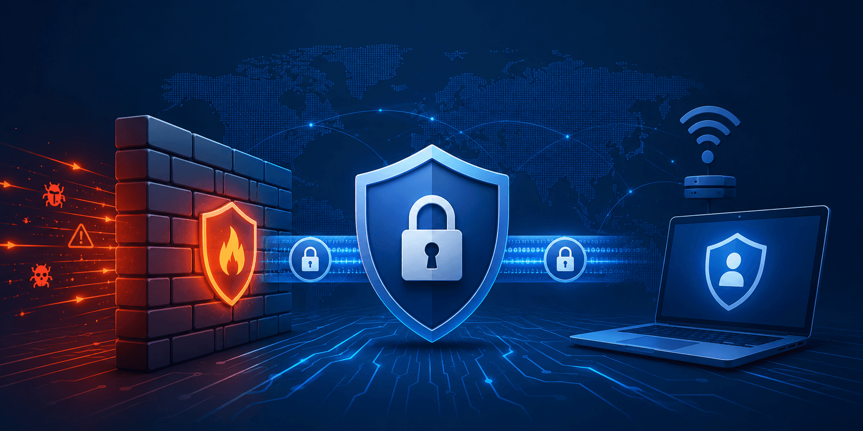 Cybersecurity illustration showing firewall, VPN, and secure network protection.