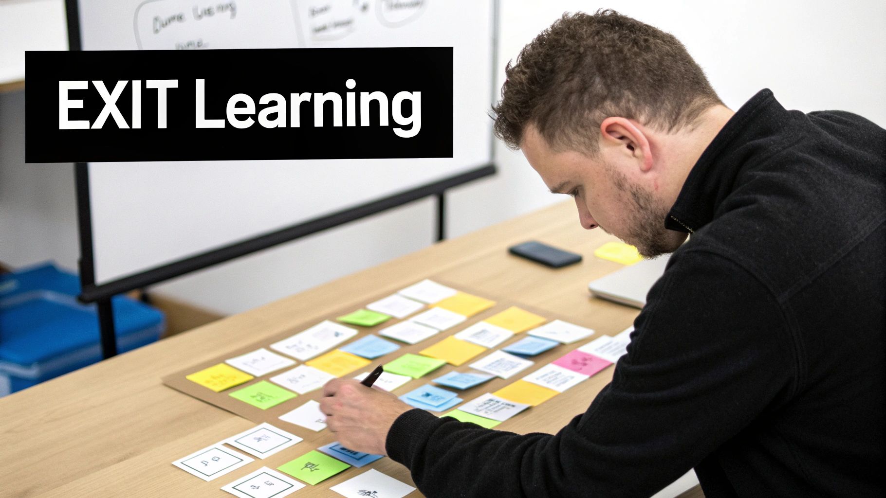 A person with a beard writes on colorful sticky notes arranged on a table, engaged in a learning session.