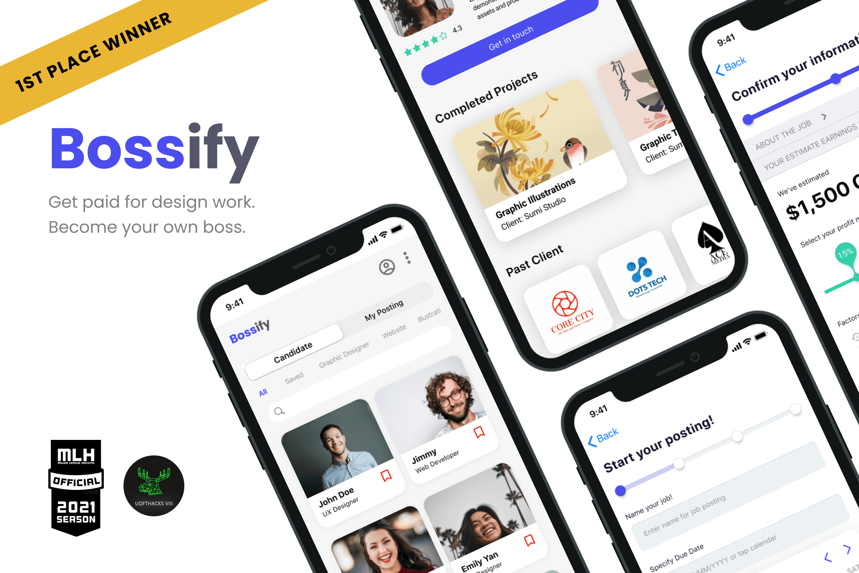 Bossify mobile app screens showing candidate profiles, completed projects, and earnings dashboard. A banner highlights 1st Place Winner, with the tagline ‘Get paid for design work. Become your own boss.’