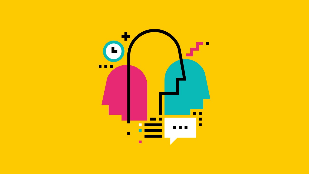 Flat geometric illustration of two color-blocked human heads facing each other with speech bubble and clock icons