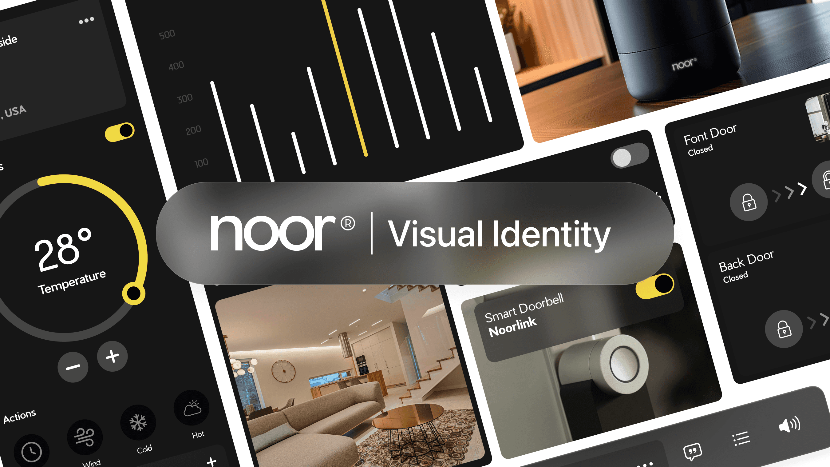 An open-concept interior with a centrally located smart panel, controlling multiple zones through the Noor® ecosystem.