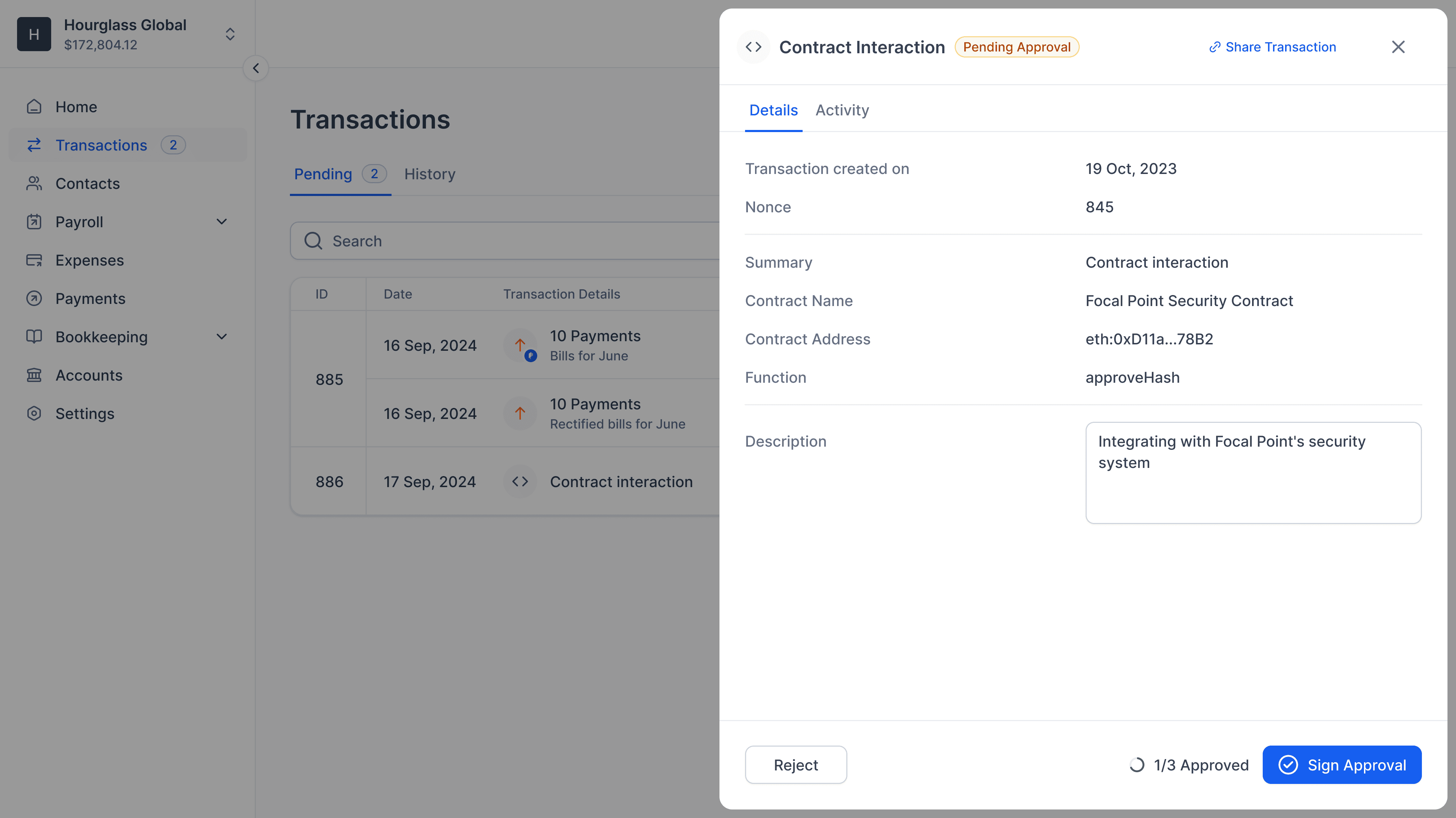 A side drawer showcasing SAFE transaction details on Parcel.