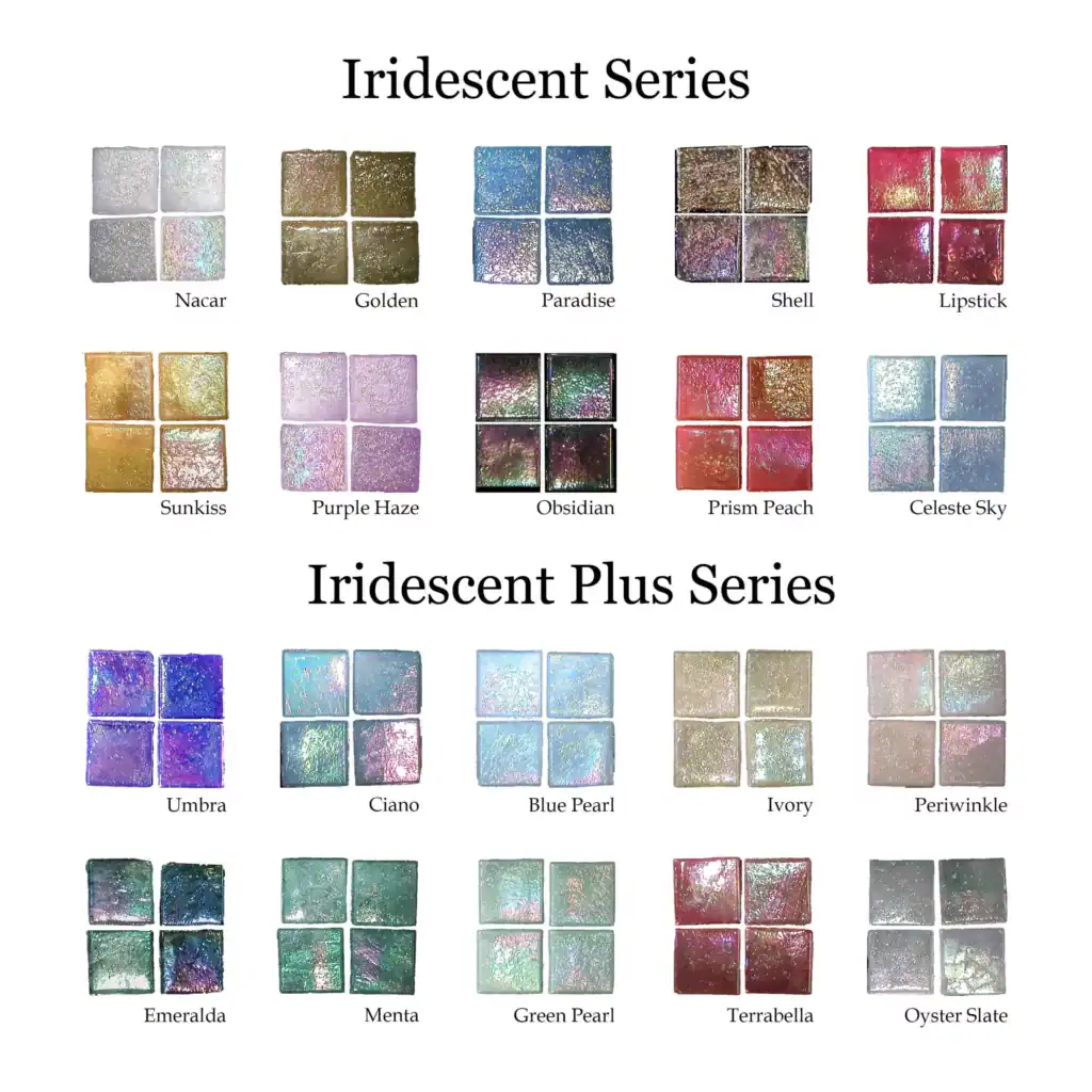 Iridescent Series and Iridescent Plus Series glass tile color chart, twenty colors, Mosaiclegs Art Studio