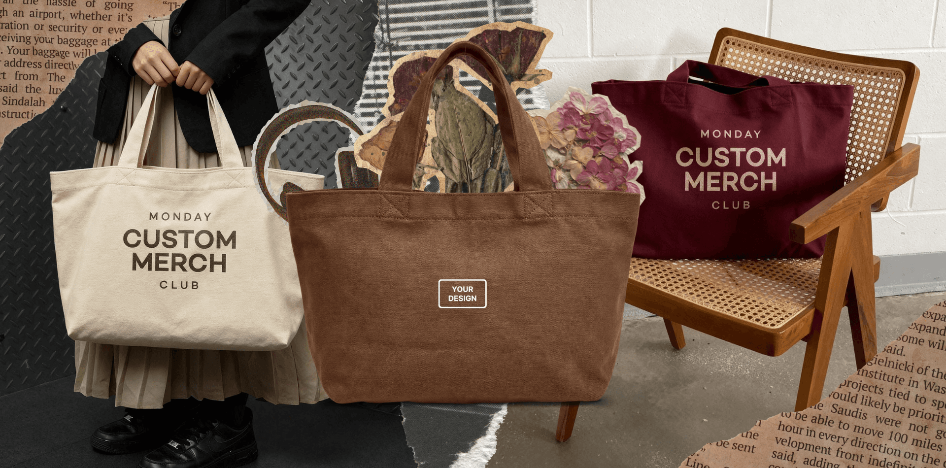 Cream, brown, and burgundy custom tote bags with printed Monday Custom Merch branding in a lifestyle display.