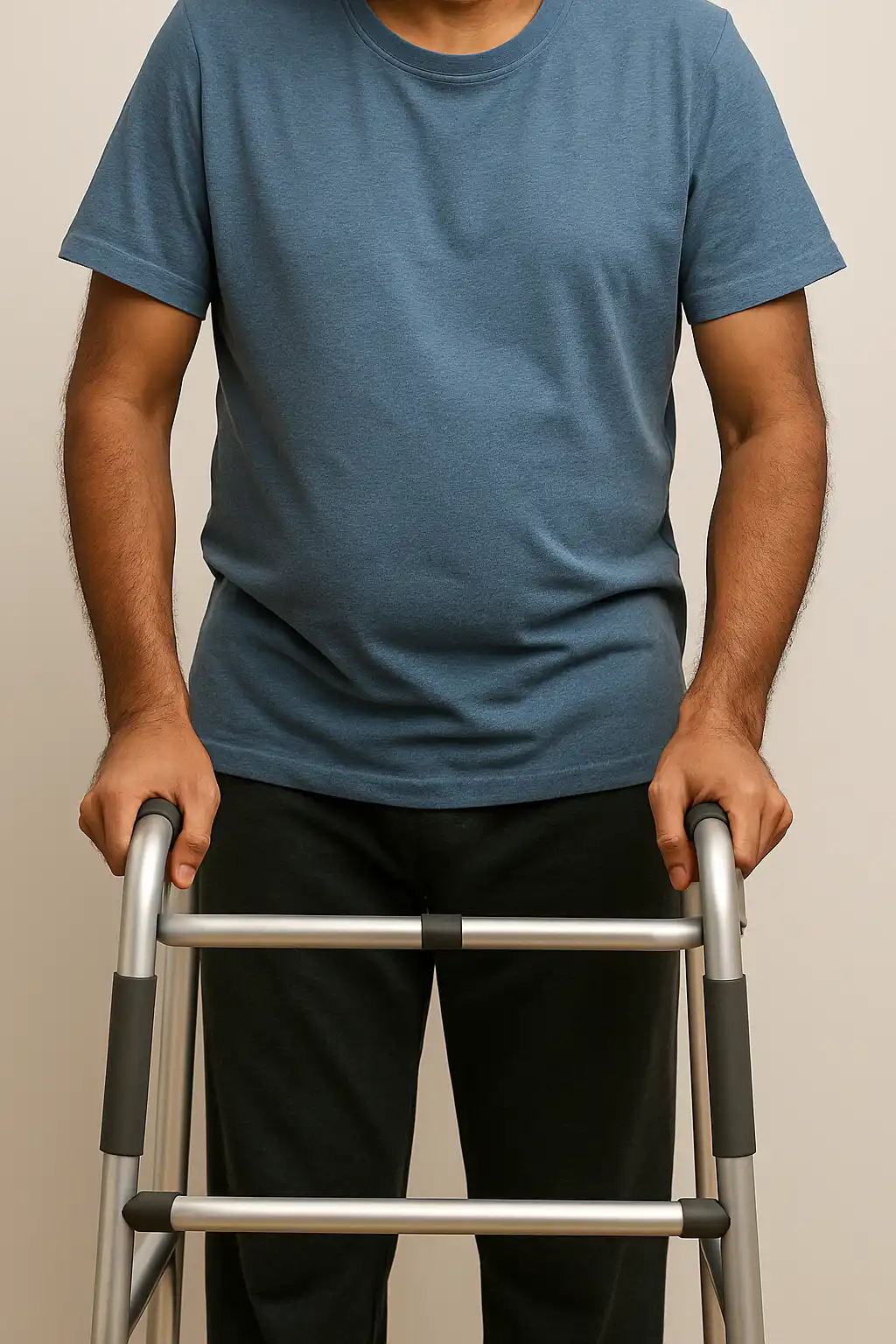 A person standing and gripping a metal walker with both hands, shown from the shoulders down, suggesting difficulty walking or recovering from surgery.
