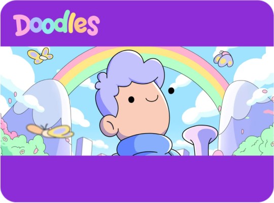 Cute and colorful illustration with cartoon male in the middle with "Doodles" on top left corner.