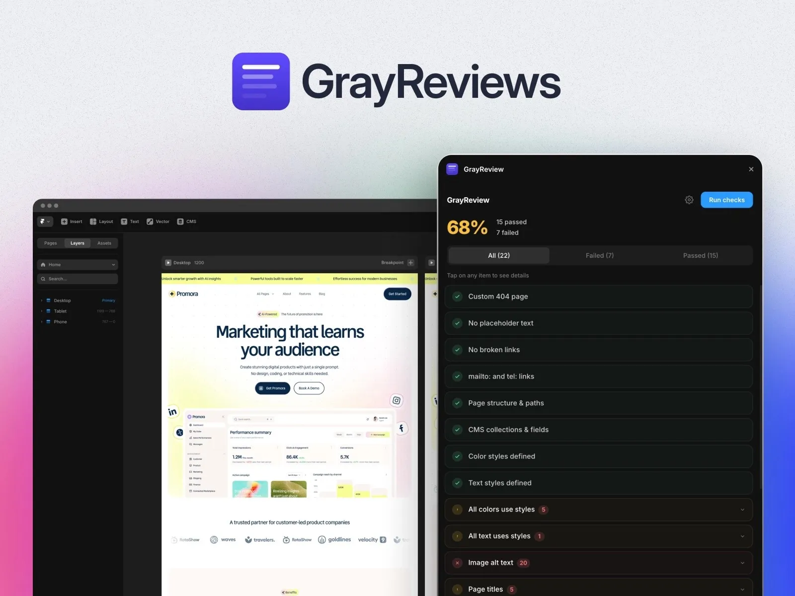 GrayReviews interface showing a website audit score of 68%.