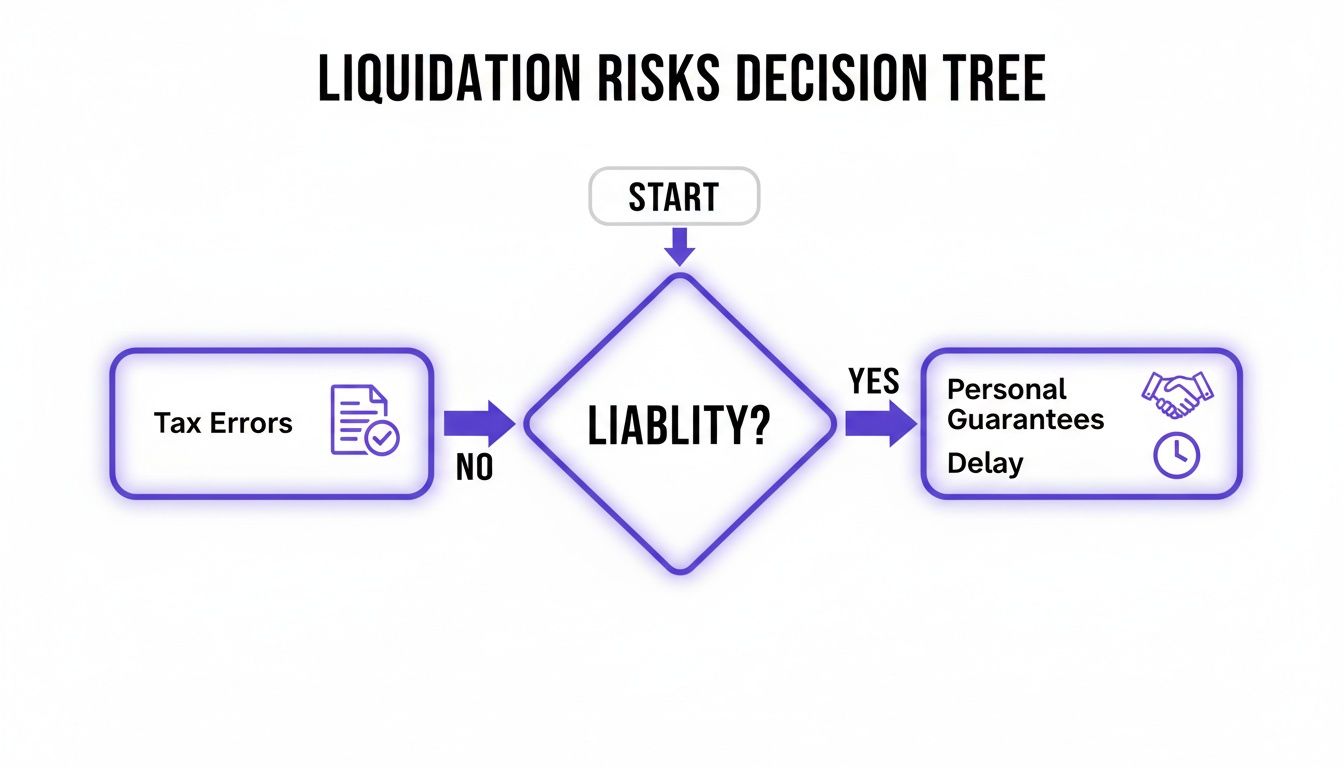 A flowchart illustrates a liquidation risks decision tree, covering liability, tax errors, personal guarantees, and delay.