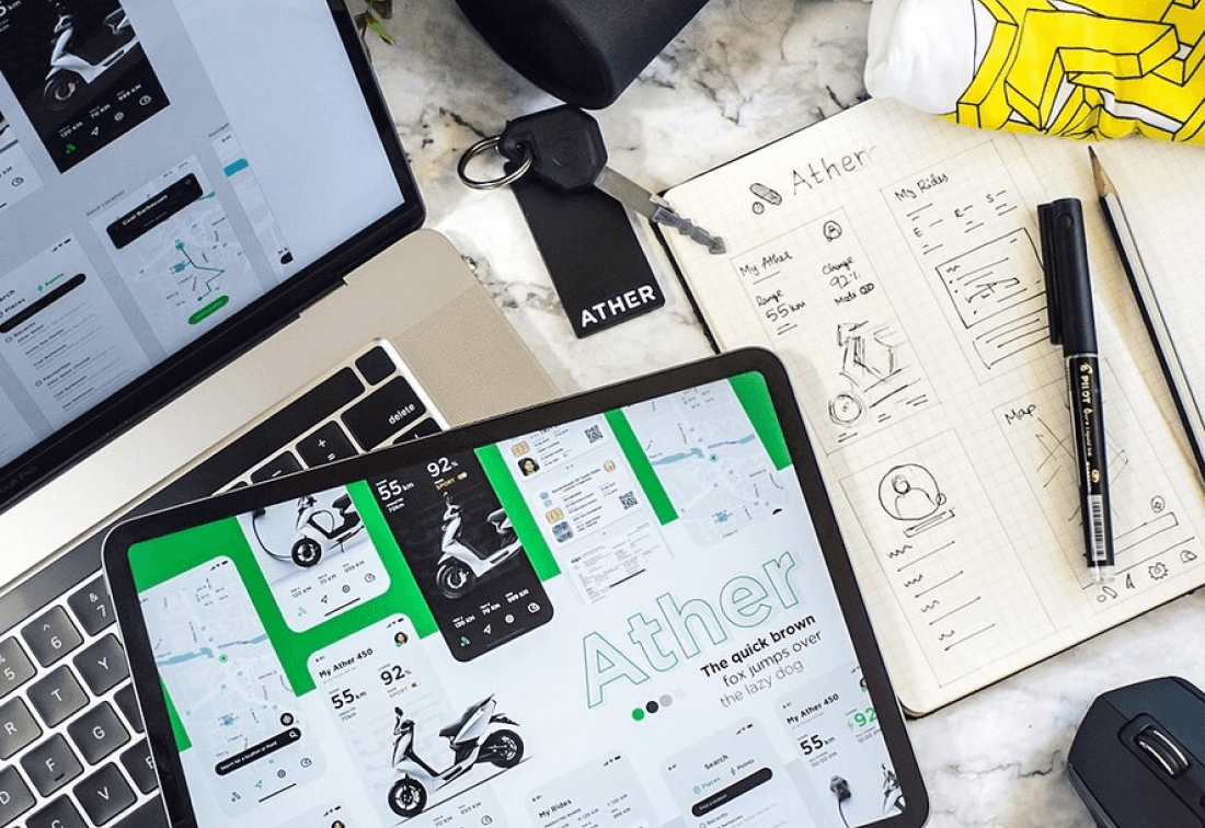 Ather EV App Design and UI, UX Wireframe Sketch