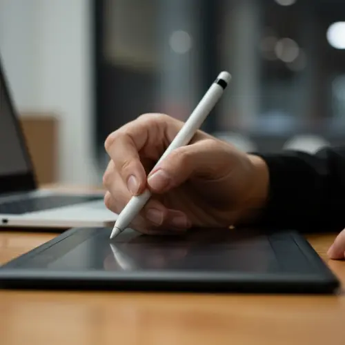 Primer plano de una mano agarrando un lapiz digital diseñando en una tablet