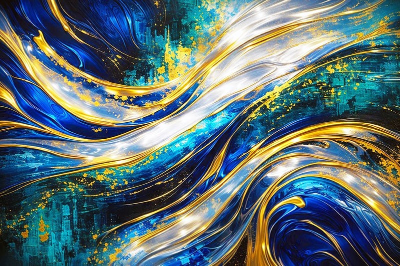 Abstract artwork with swirling blue, gold, and white colors.