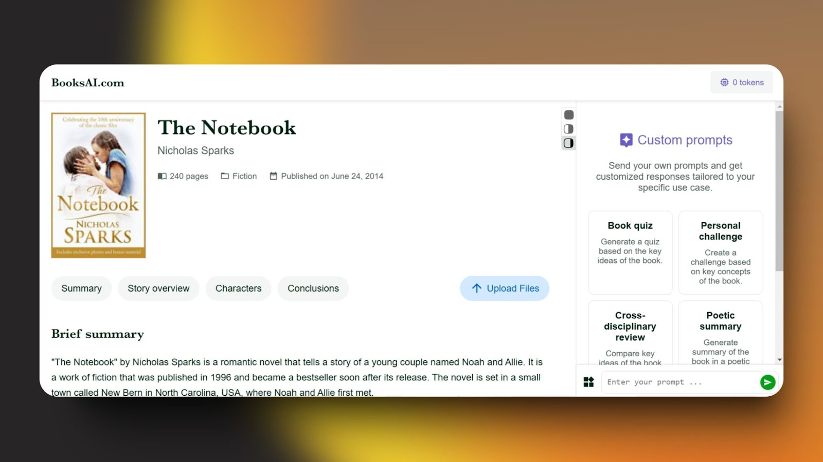 screenshot of BooksAI showing "The Notebook" by Nicholas Sparks with tabs for summary, characters, and custom prompts for unique insights.