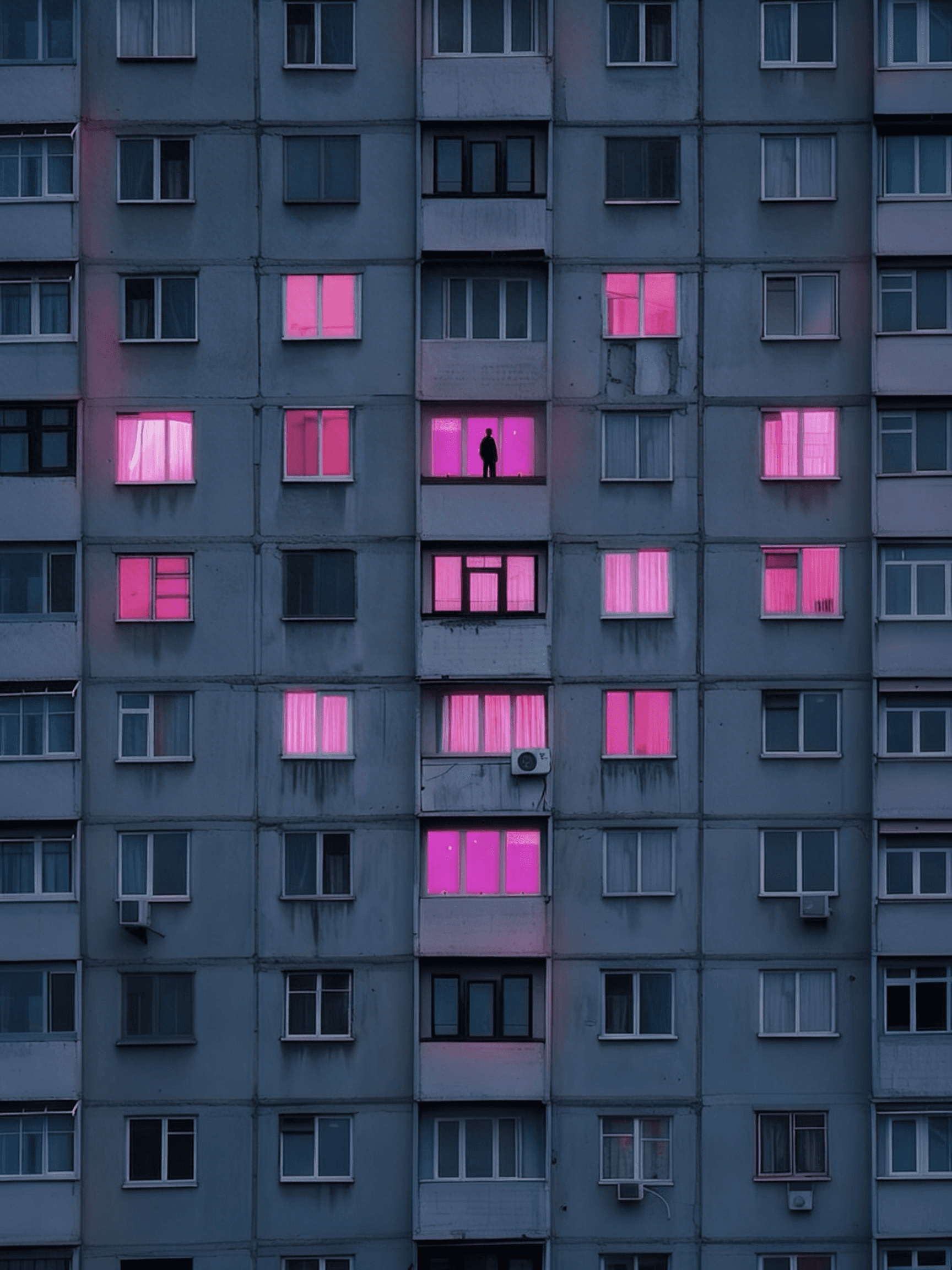 A grey apartment building with a grid of windows; several glow with neon pink light, including one featuring a lone person's silhouette.