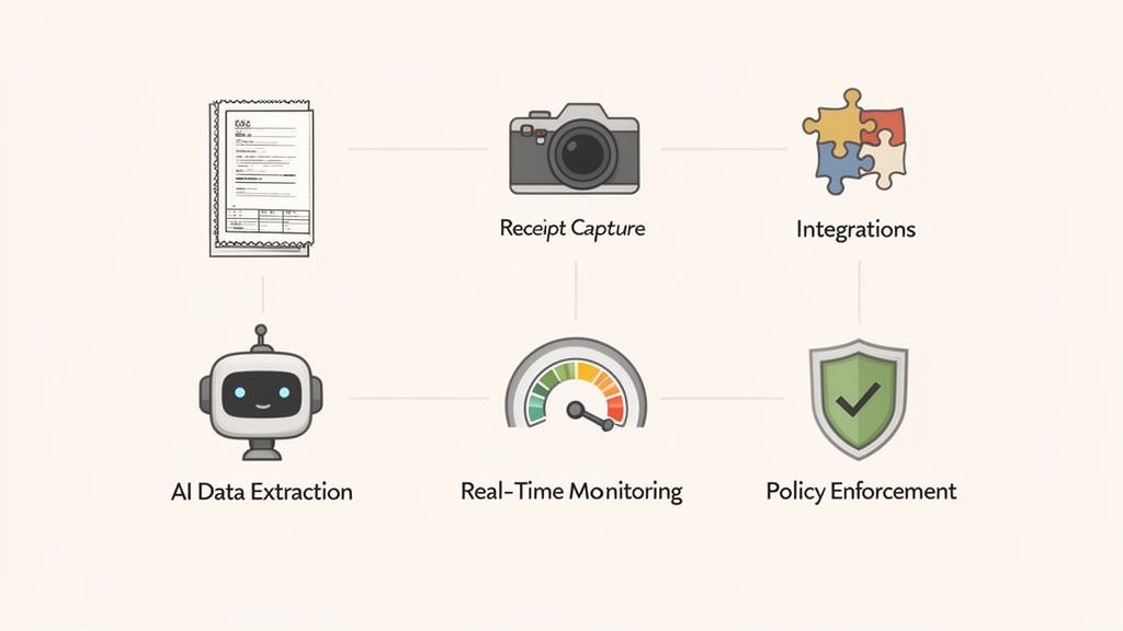 A visual workflow diagram detailing a business expense management process from receipt capture to policy enforcement.