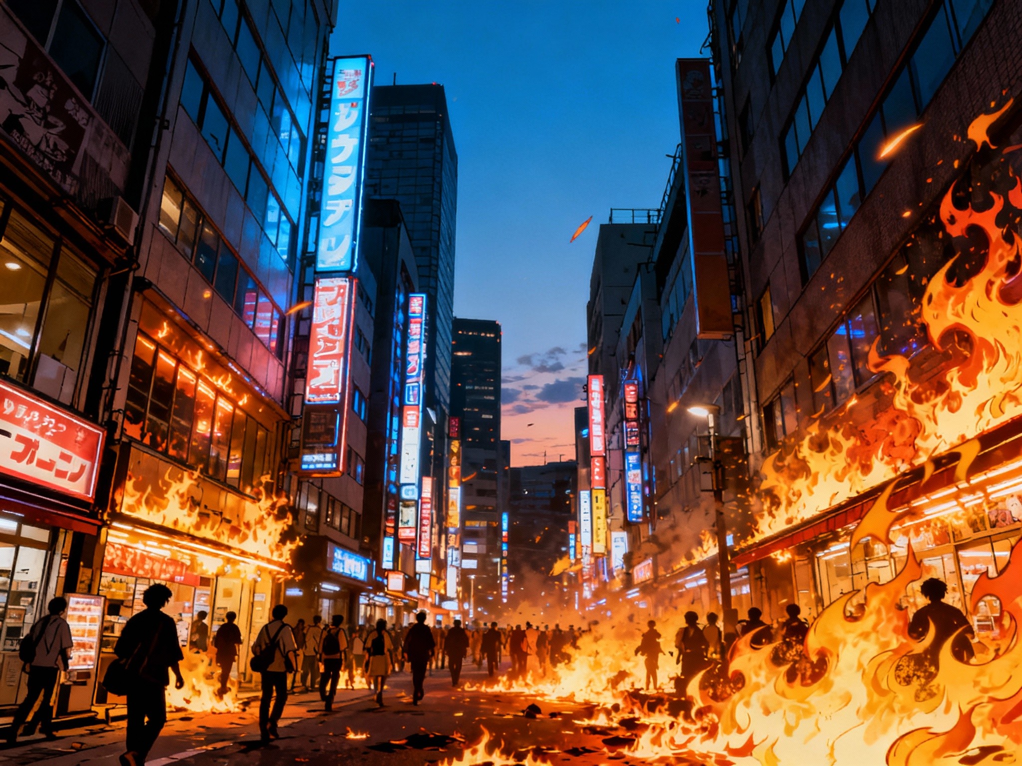 An editorial photography-inspired wide shot capturing a bustling urban street engulfed in stylized