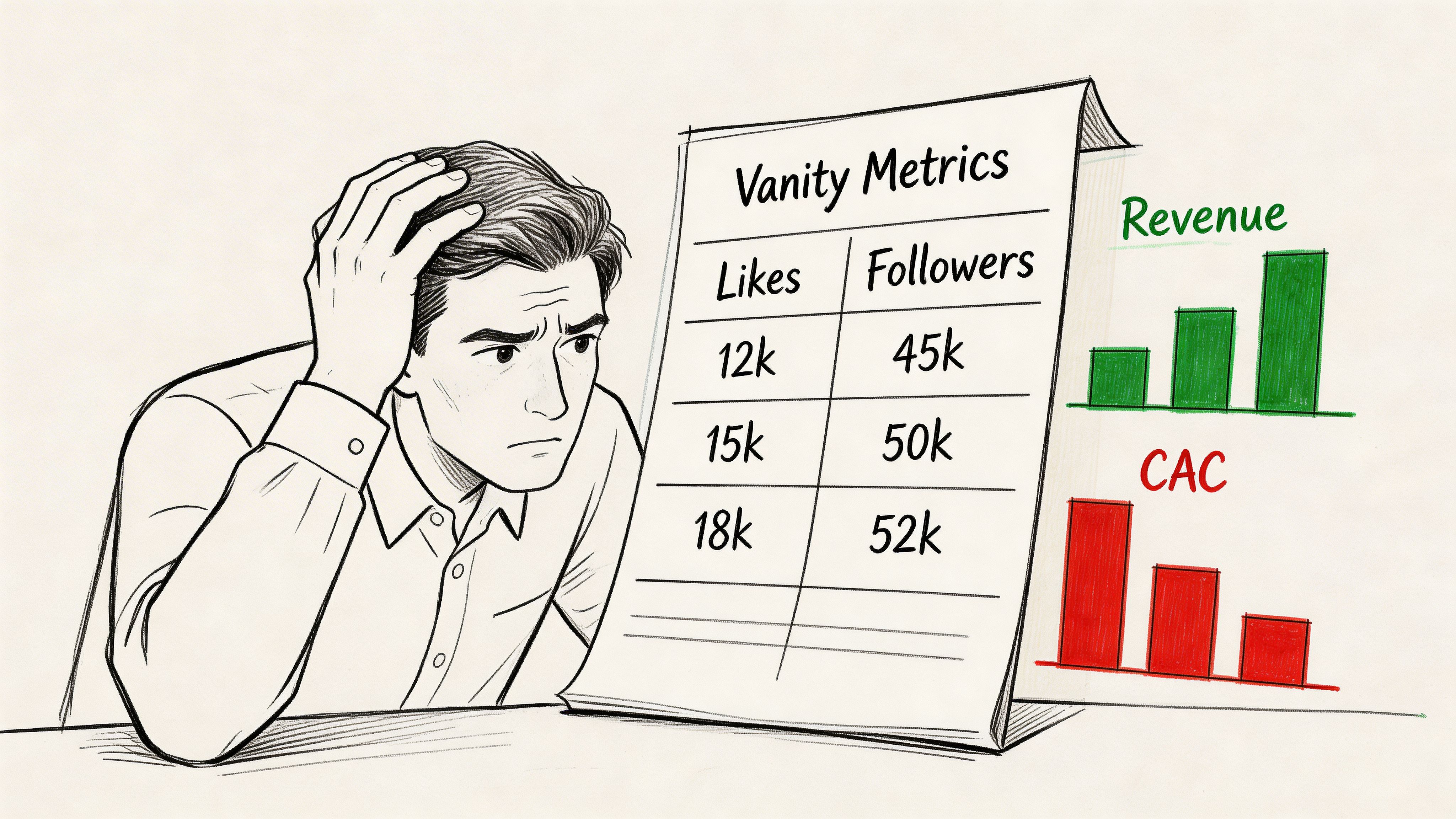 A concerned person examining a table showing vanity metrics alongside growing revenue and decreasing CAC charts.