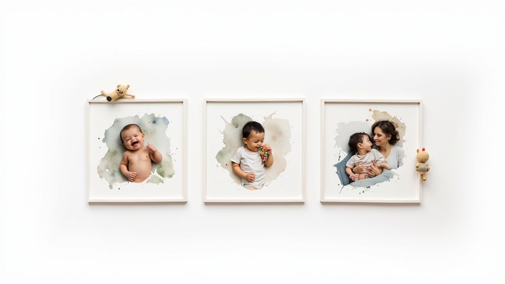 Three framed watercolor-style portraits depicting a baby, a toddler, and a mother with a child.