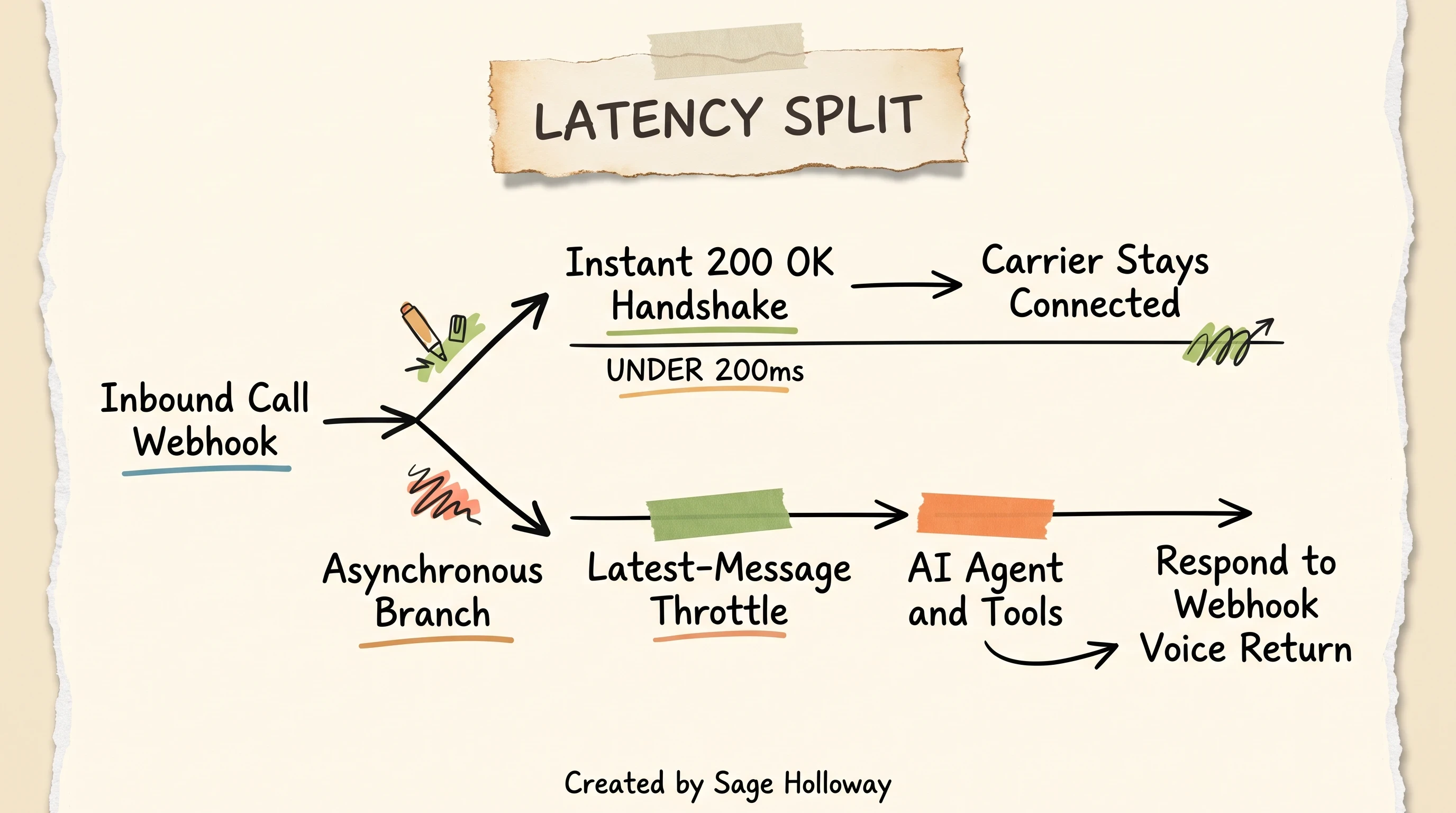 Scrapbook diagram showing instant 200 OK webhook acknowledgement and asynchronous queue processing