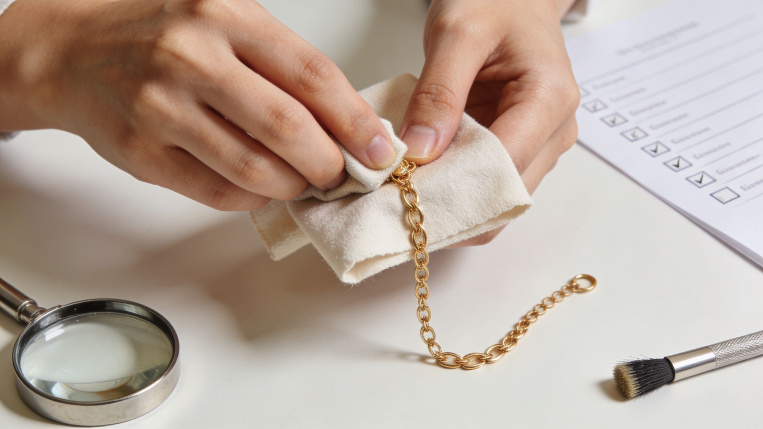 A professional jeweler gently cleans a delicate gold chain necklace with a soft white polishing cloth.
