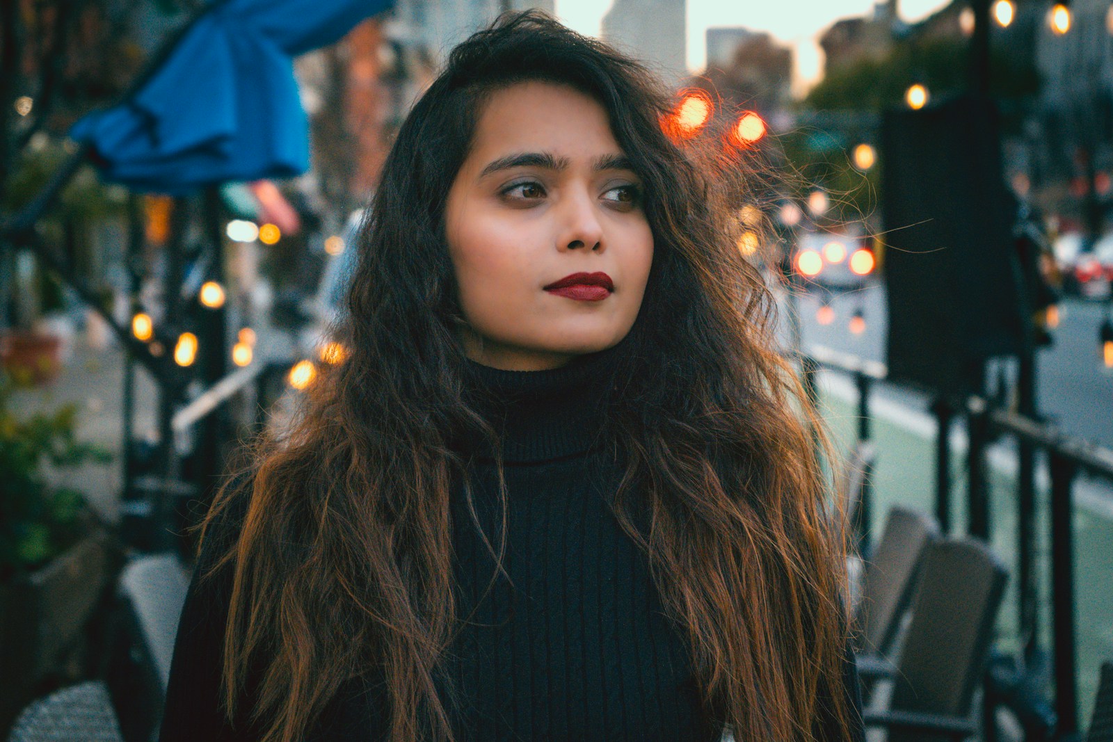 Confident woman in the city, ready to date with intention