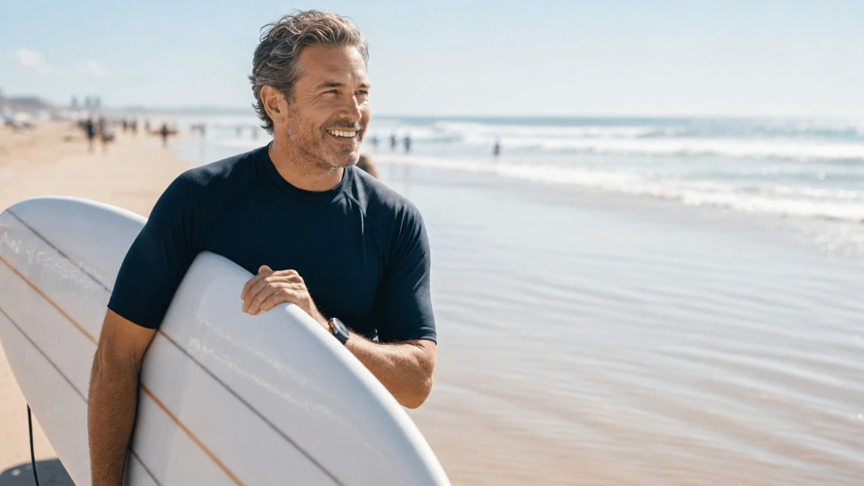 A man on a beach with a surfboard under his arm