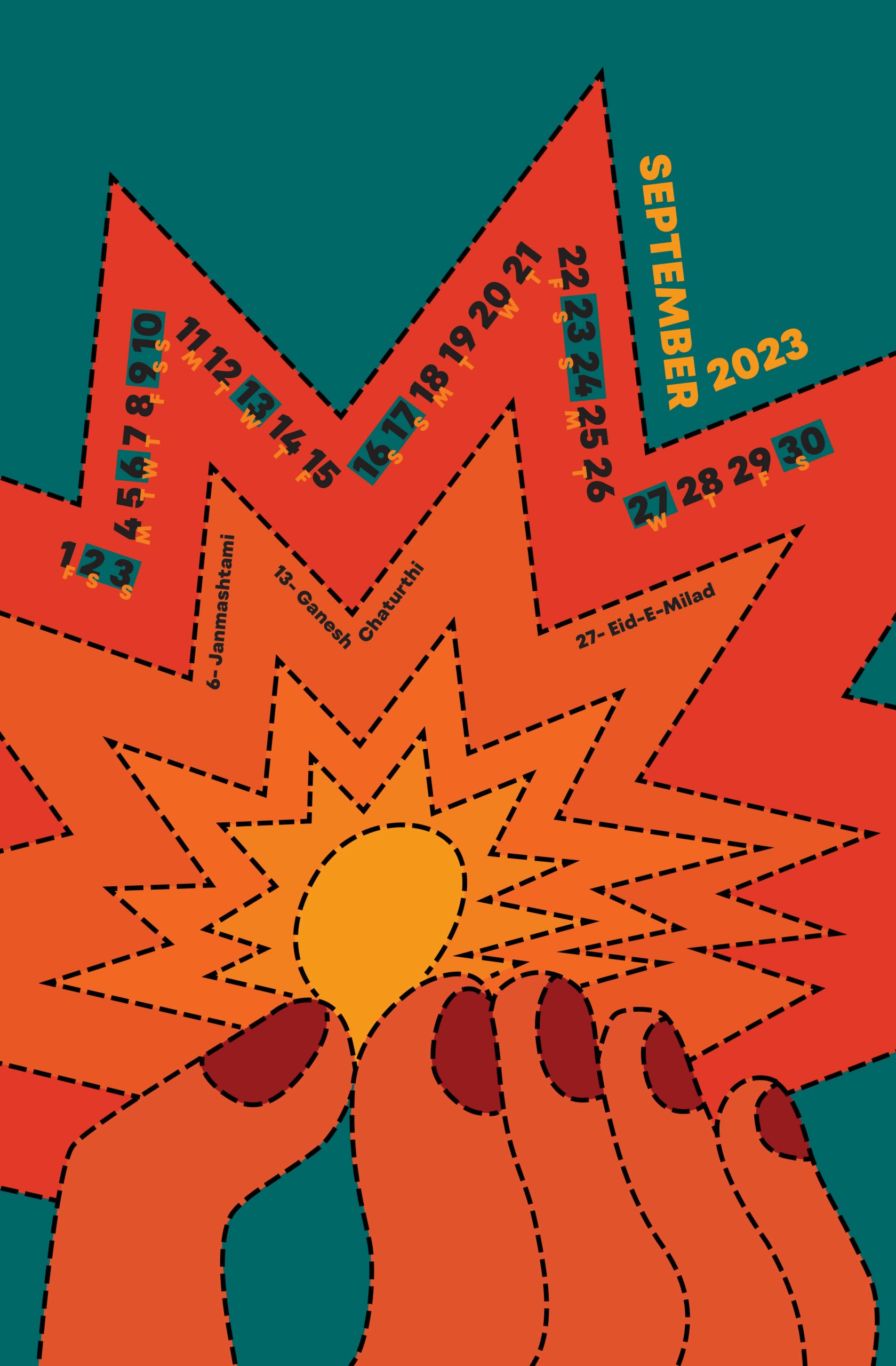 Poster for September 2023 made with fingertips colored in orange and sparkle with acute angles as a flame. on the flame, edge are placed the days of the month