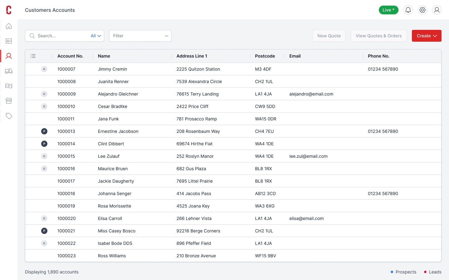 Image of CODAS 7 Customer accounts screen
