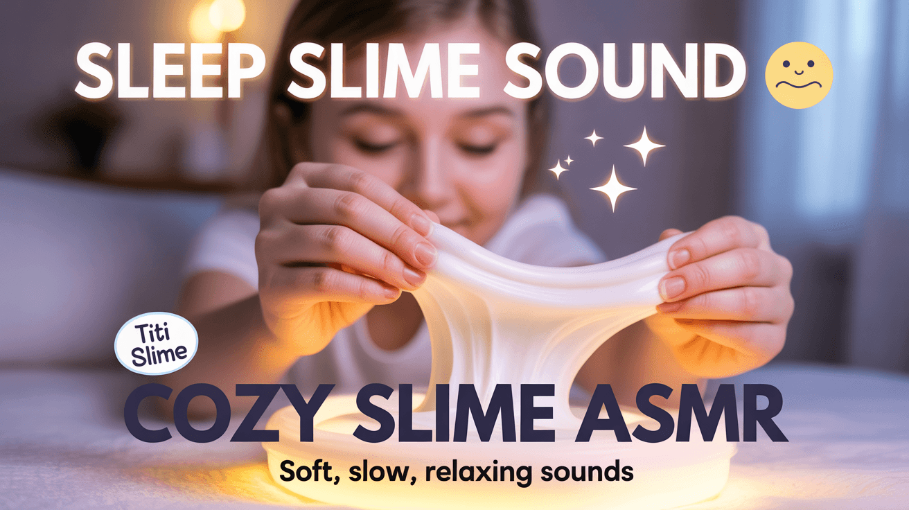 Hands stretching white slime with sleepy text and dreamy lavender nighttime background