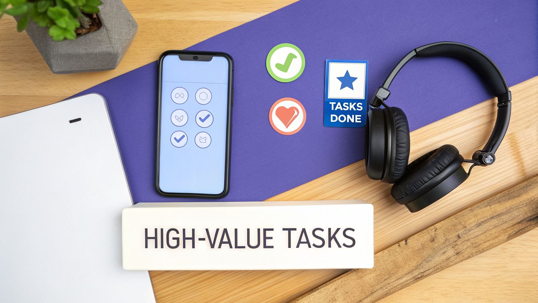 A flat lay of a desk with a phone showing tasks, a 'HIGH-VALUE TASKS' sign, and headphones.