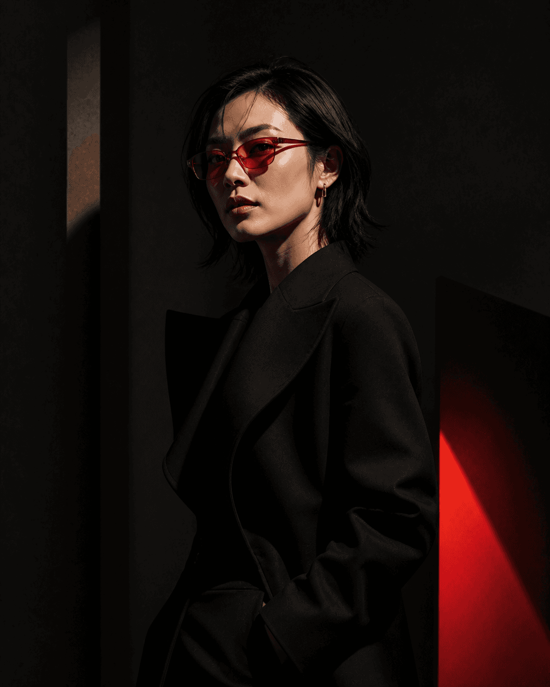 Portrait of a woman in a black suit wearing red glasses